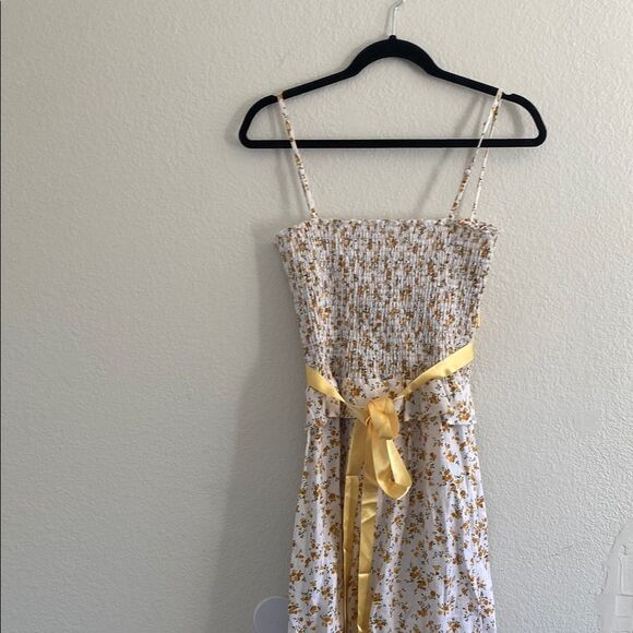 Reformation Miles Floral Yellow & White Ribbon Wrap Smocked Linen Dress Large - Picture 7 of 10